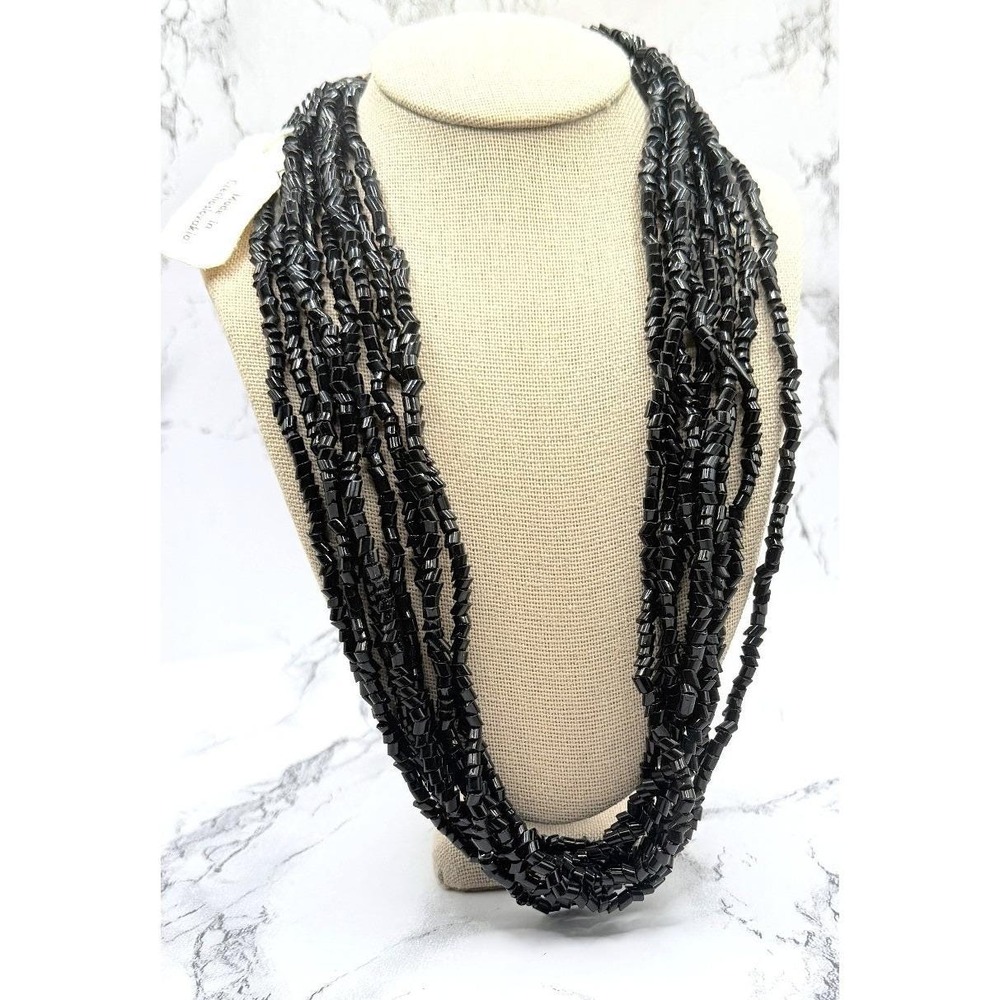 NWT Czech Black Glass Bead Necklace 8 Strand Torsade Statement Jewelry